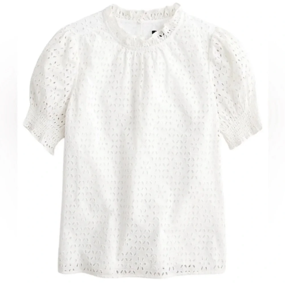 J.Crew Smocked Puff-Sleeve Top in White Eyelet
